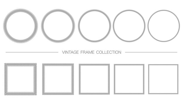 Conjunto de marco vintage decorativo redondo y cuadrado aislado en una ilustración de vector de fondo blanco