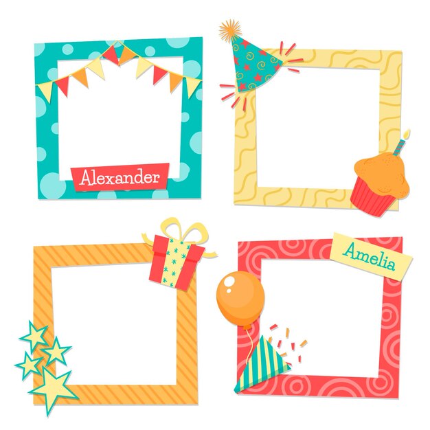 Conjunto de marcos de collage de cumpleaños dibujados a mano
