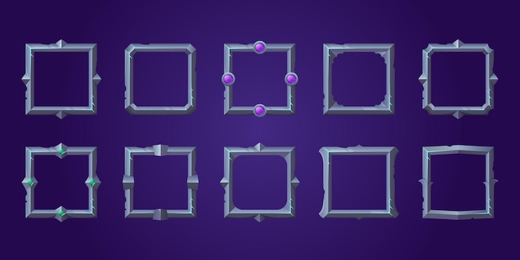 Vector gratuito conjunto de marcos de juego de interfaz de usuario cuadrados, bordes metálicos