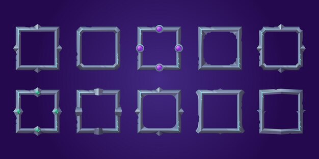Conjunto de marcos de juego de interfaz de usuario cuadrados, bordes metálicos