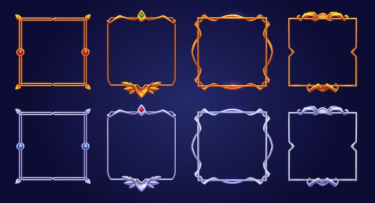 Vector gratuito conjunto de marcos de juego de interfaz de usuario de oro y plata cuadrados