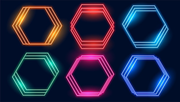 Conjunto de marcos de neón hexagonales de seis colores.