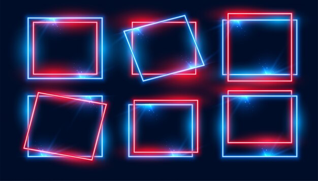 Conjunto de marcos de neón rectangular rojo y azul de seis