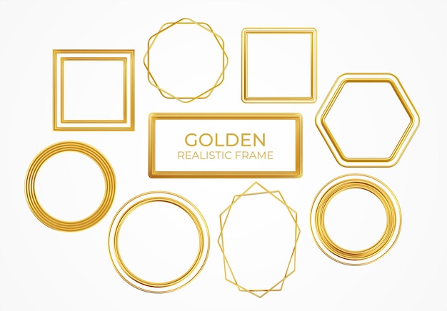 Conjunto de marcos realistas de metal dorado de diferentes formas aisladas sobre fondo blanco