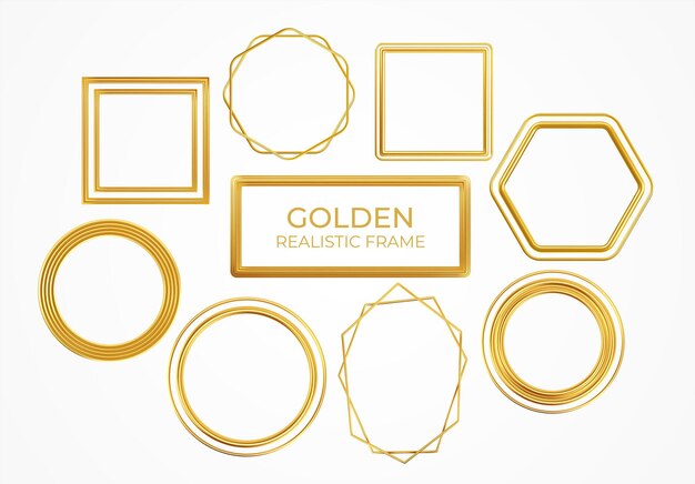 Conjunto de marcos realistas de metal dorado de diferentes formas aisladas sobre fondo blanco