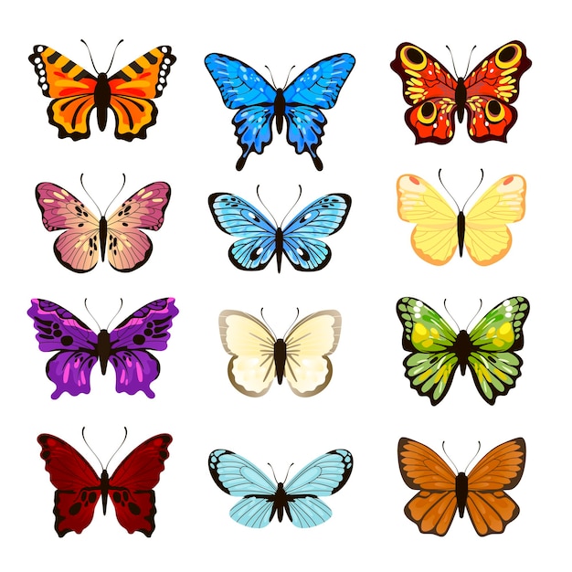 Conjunto de mariposas acuarelas. Ilustraciones vectoriales de insectos con diferentes patrones en las alas. Colección de dibujos animados de siluetas con mariposas volando aisladas en blanco. Naturaleza, concepto de tatuaje