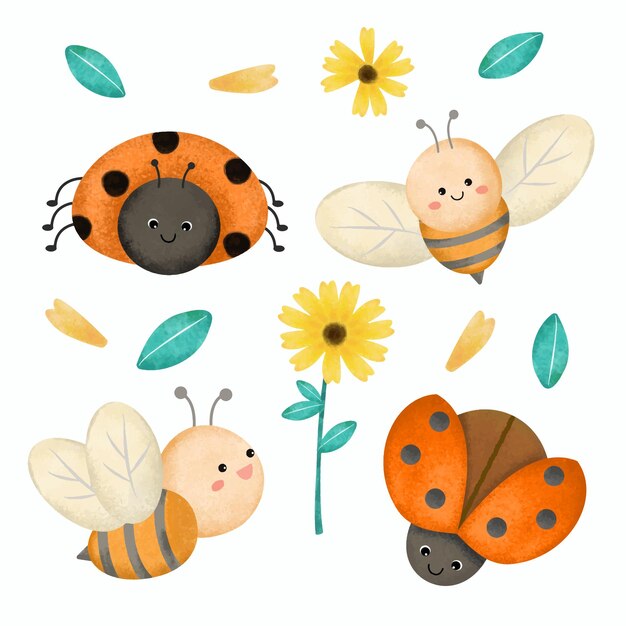 Conjunto de mariquita y abeja linda con dibujo de elemento animal de dibujos animados de flores en color de agua para la ilustración de vector de diseño plano de diseñador gráfico
