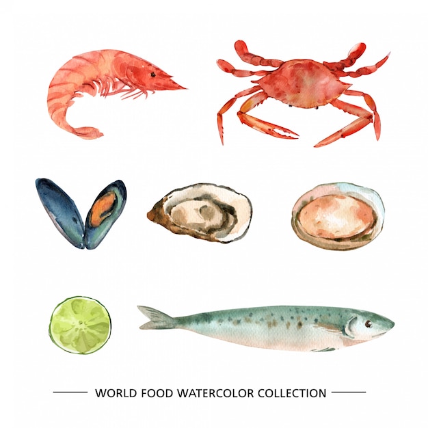 Vector gratuito conjunto de mariscos aislados acuarela caballa, ostras, mejillones ilustración