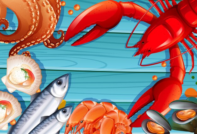 Conjunto de mariscos sobre fondo de madera