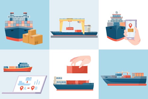 Conjunto marítimo de entrega de seis composiciones cuadradas con imágenes planas de buques de carga e ilustración vectorial de seguimiento