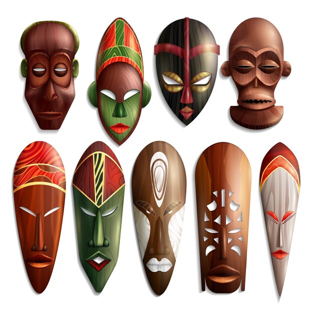 Conjunto de máscaras africanas talladas realistas de madera con adornos de colores.