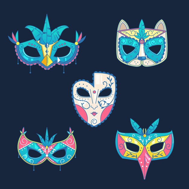 Conjunto de máscaras de carnaval veneciano sobre fondo azul.