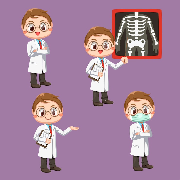 Vector gratuito conjunto de médico con estetoscopio y paciente con película de rayos x, en personaje de dibujos animados, ilustración plana aislada