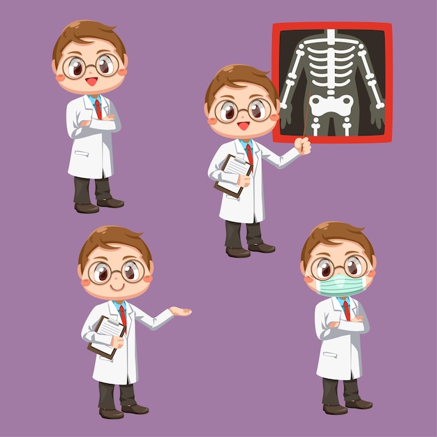 Conjunto de médico con estetoscopio y paciente con película de rayos X, en personaje de dibujos animados, ilustración plana aislada