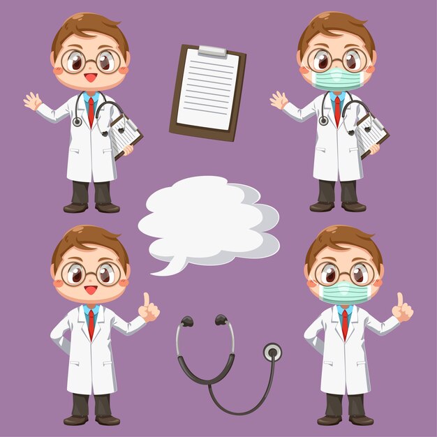 Conjunto de médico con estetoscopio en personaje de dibujos animados, ilustración plana aislada