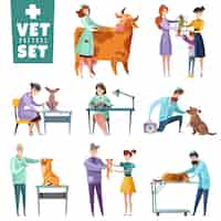 Vector gratuito conjunto de médicos veterinarios durante el examen profesional de mascotas y animales de granja aislado