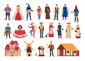 Vector gratuito conjunto medieval de íconos aislados con personajes de sacerdotes campesinos y monarcas con guerreros e ilustración vectorial del castillo