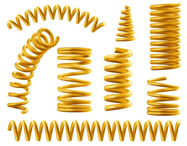 Conjunto de metal espiral flexible dorado aislado en blanco.