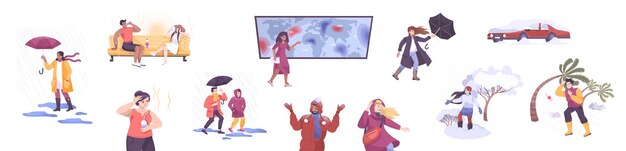 Conjunto meteorológico de iconos planos con personajes de personas que usan ropa de temporada e ilustración de vector de host de pronóstico del tiempo