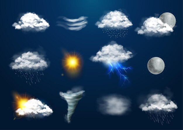 Conjunto meteorológico con símbolos de fenómenos naturales ilustración vectorial aislada realista