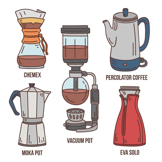 Conjunto de métodos de elaboración de café dibujados a mano