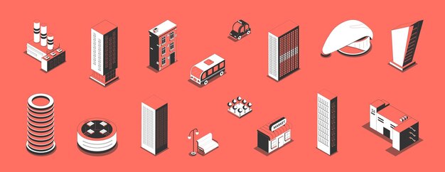 Conjunto de metrópolis con íconos isométricos aislados e imágenes de edificios urbanos modernos y automóviles con ilustraciones de vectores de sombras