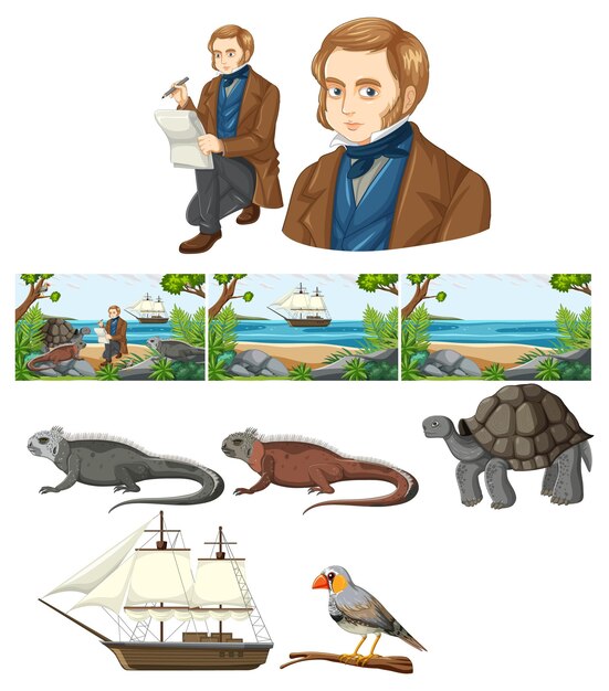 Conjunto de mezcla charles darwin con animal.