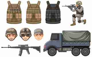 Vector gratuito conjunto, de, militar, elemento, blanco, plano de fondo