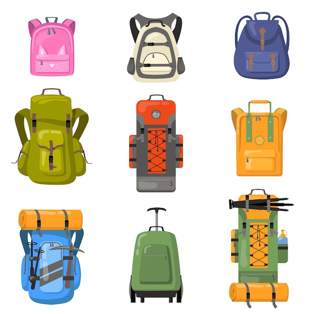 Conjunto de mochilas de colores. Mochilas para colegio, camping, trekking, montañismo, senderismo. Ilustraciones vectoriales planas para equipamiento turístico, mochila, concepto de equipaje