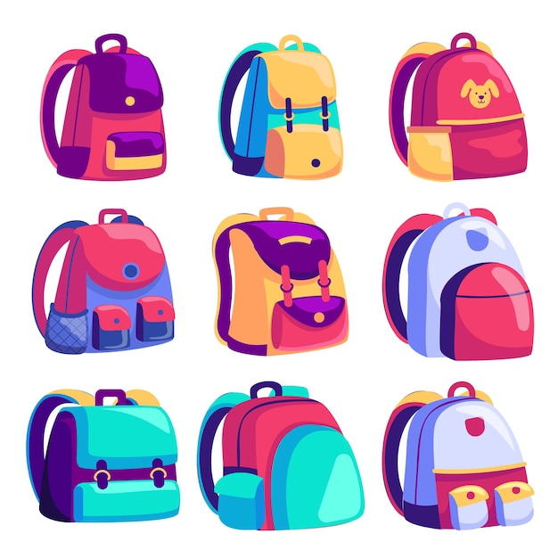Conjunto de mochilas escolares de colores Educación y estudio de regreso a la escuela Mochila de equipaje Mochila Ilustración vectorial