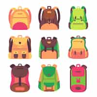 Vector gratuito conjunto de mochilas escolares de colores educación y estudio de regreso a la escuela mochila de equipaje mochila ilustración vectorial