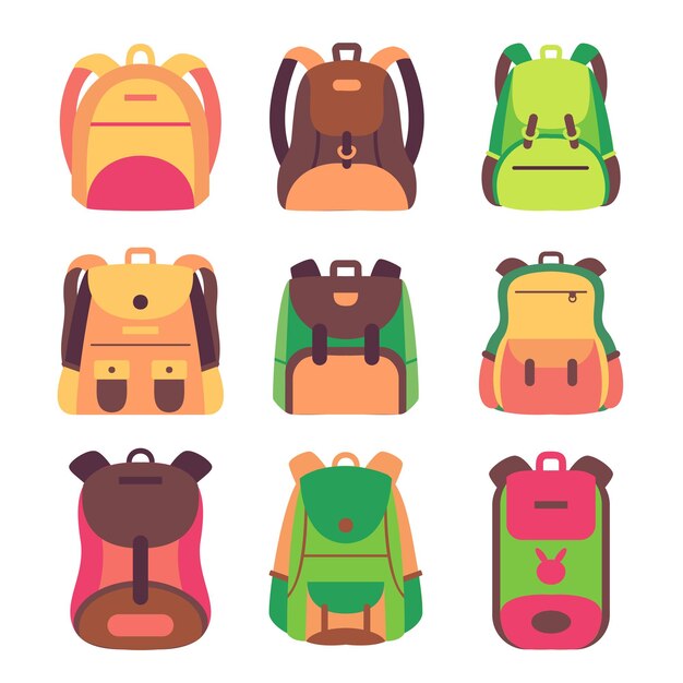 Conjunto de mochilas escolares de colores Educación y estudio de regreso a la escuela Mochila de equipaje Mochila Ilustración vectorial