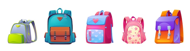 Conjunto de mochilas escolares para niños aisladas sobre fondo blanco Ilustración de dibujos animados vectoriales de mochilas textiles coloridas con bolsillos e insignias Colección de mochilas de viaje Accesorios de aventura turística