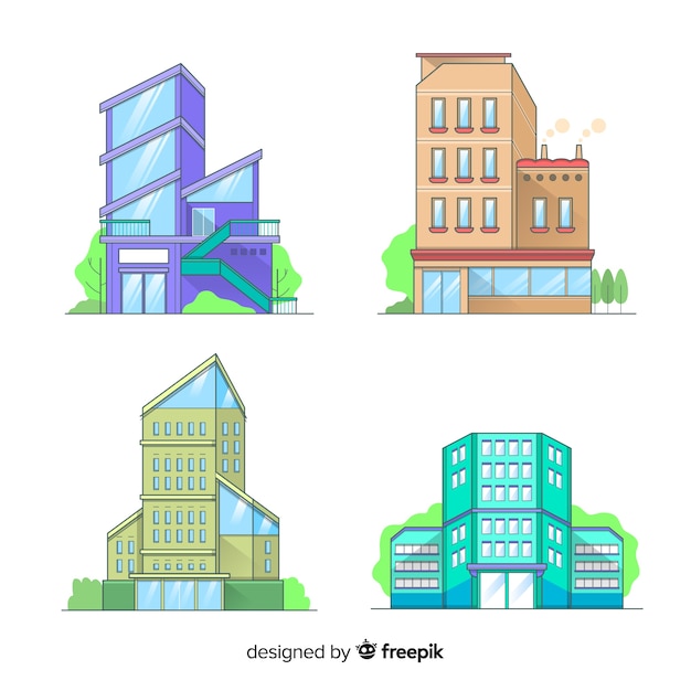 Vector gratuito conjunto moderno de edificios de oficinas con diseño plano