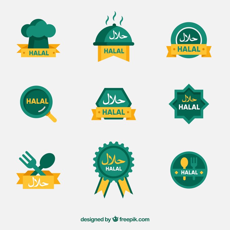Vector gratuito conjunto moderno de etiquetas de comida halal con diseño plano