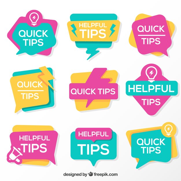 Conjunto moderno de etiquetas de consejos con diseño plano