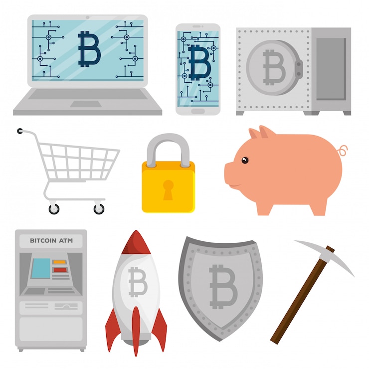 Vector gratuito conjunto de moneda bitcoin con cerdo y escudo