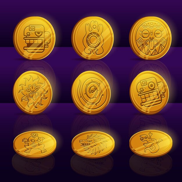 Conjunto de monedas de oro con mayas o aztecas.