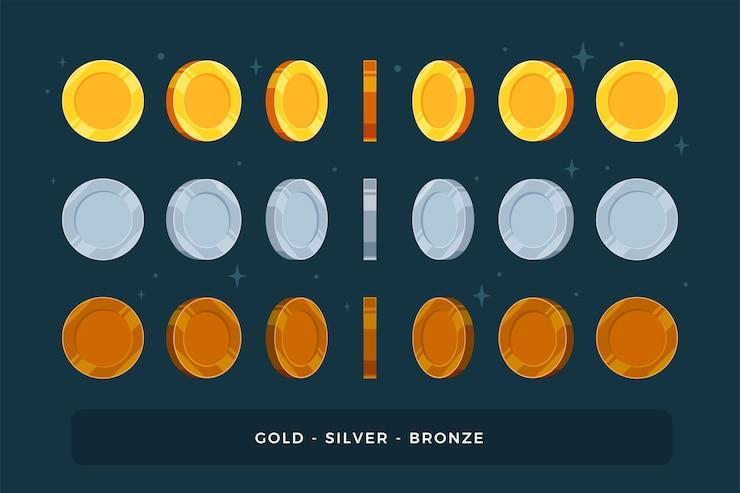 Vector gratuito un conjunto de monedas de oro, plata y bronce. aislado
