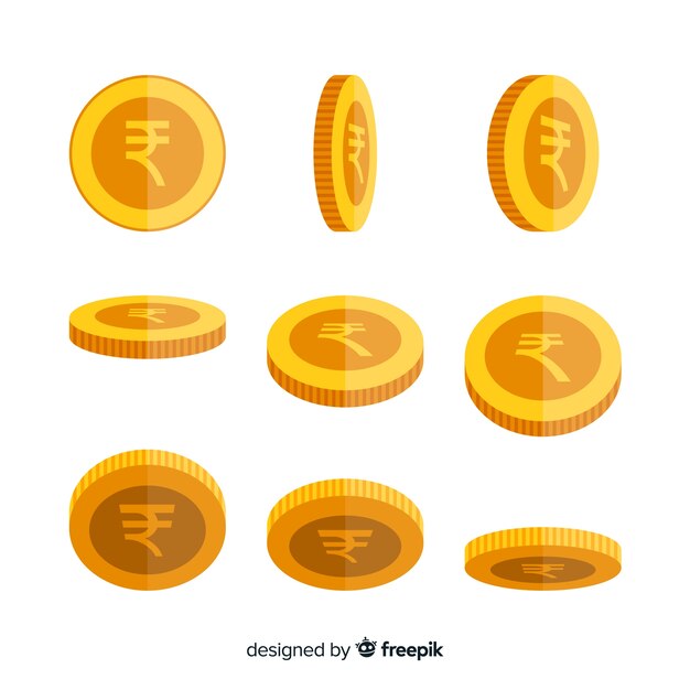 Conjunto de monedas de rupia india en diferentes posiciones