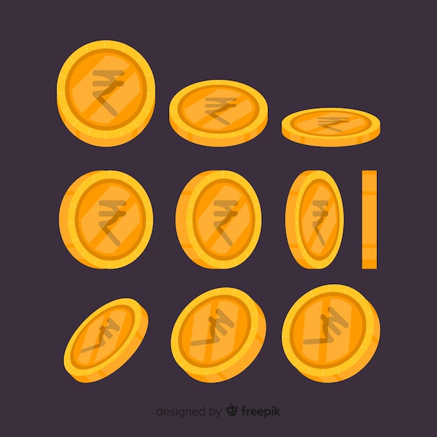 Conjunto de monedas de rupias indias en diferentes posiciones