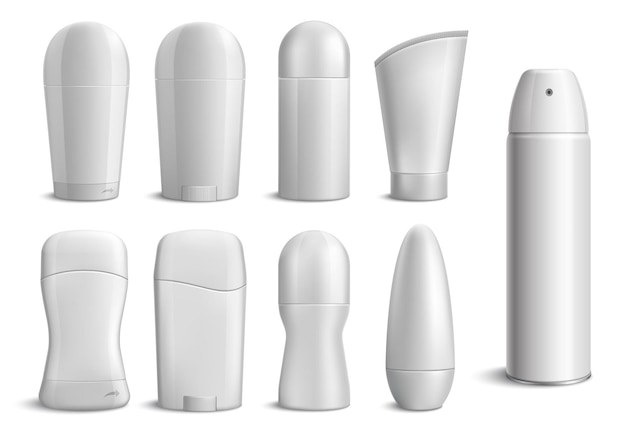 Conjunto monocromo de botellas de desodorante realistas de diferentes formas en blanco aislado