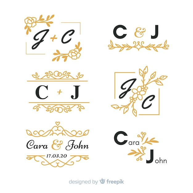 Vector gratuito conjunto de monograma de boda ornamental hermoso