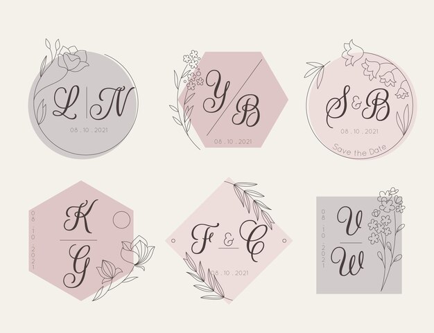 Conjunto de monograma de boda plano lineal