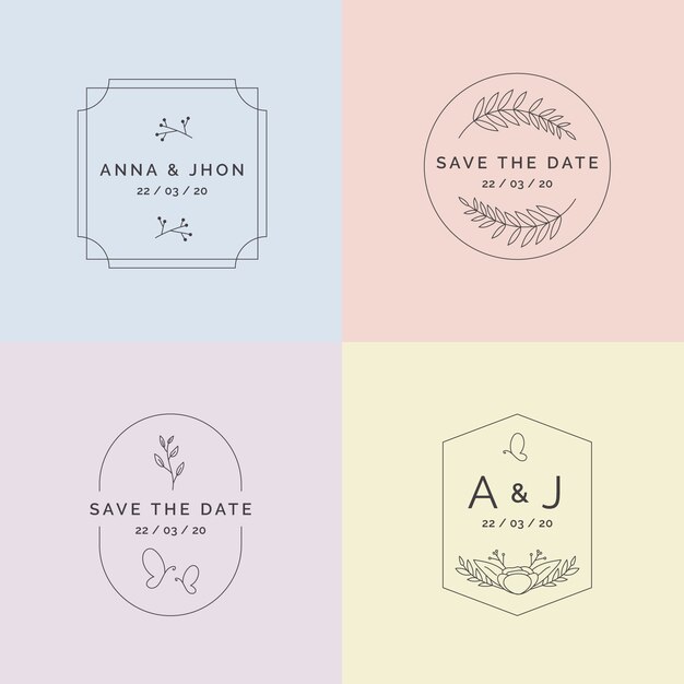 Conjunto de monogramas de boda minimalista en colores pastel