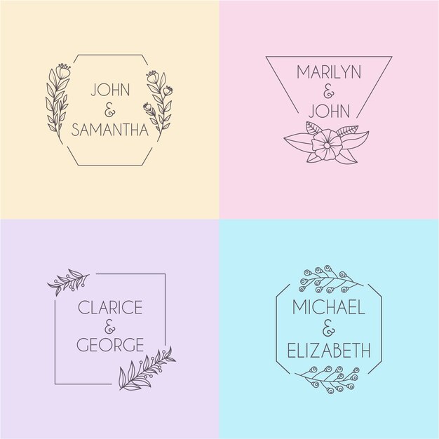 Conjunto de monogramas de boda minimalista en colores pastel