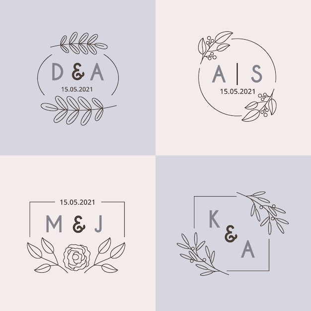 Conjunto de monogramas de boda minimalista en colores pastel