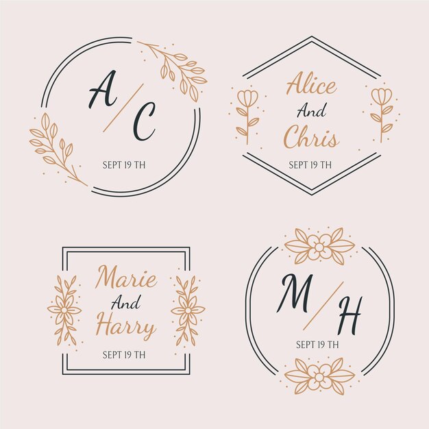 Conjunto de monogramas de boda planos lineales.