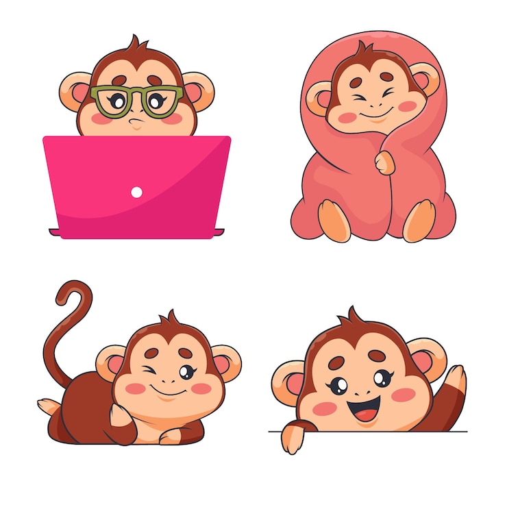 Vector gratuito conjunto de monos bebé dibujados a mano usando una computadora sentado en una toalla guiñando un ojo y saludando con la mano