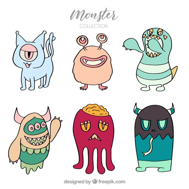 Conjunto de monstruos dibujados a mano